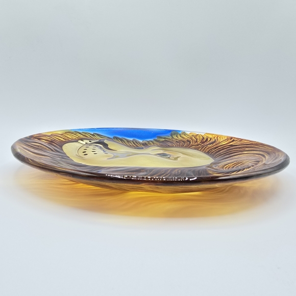 Lion Reverse Applied Glaze Glass Plate/Shallow Bowl Majolica Style Relief, 8" - Picture 6 of 9